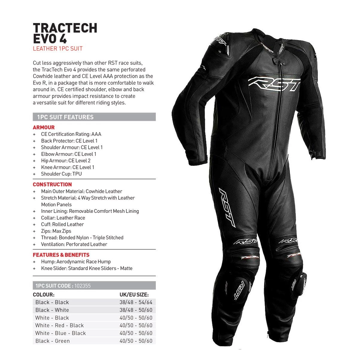 RST Tractech Evo 4 1PC Leather Suit CE - Black 7 RST Tractech Evo 4 1PC Leather Suit CE - Black - Image 5